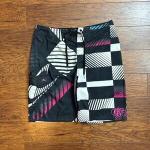 2000s O’Neill Men’s Geometric Y2K Multi Colored Graphic Board Shorts Size 36
